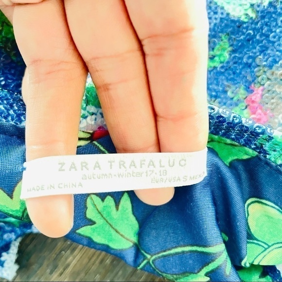 Zara Sequin Floral Top Blue Pink Sparkle Tee | Paris Street Brunch Chic - Picture 5 of 5